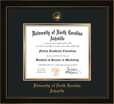 Image of University of North Carolina Asheville Diploma Frame - Honors Black Satin - w/Embossed UNCA Seal & Name - Black on Gold mat