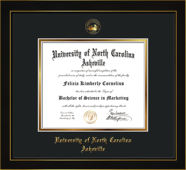 Image of University of North Carolina Asheville Diploma Frame - Honors Black Satin - w/Embossed UNCA Seal & Name - Black on Gold mat