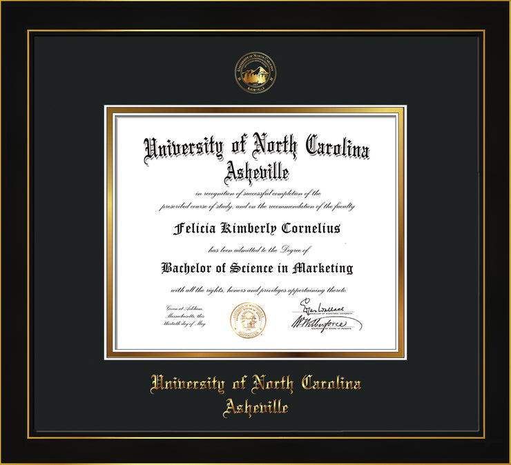 Image of University of North Carolina Asheville Diploma Frame - Honors Black Satin - w/Embossed UNCA Seal & Name - Black on Gold mat