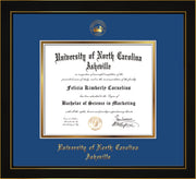 Image of University of North Carolina Asheville Diploma Frame - Honors Black Satin - w/Embossed UNCA Seal & Name - Royal Blue on Gold mat