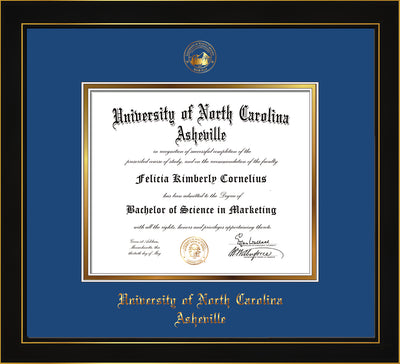 Image of University of North Carolina Asheville Diploma Frame - Honors Black Satin - w/Embossed UNCA Seal & Name - Royal Blue on Gold mat