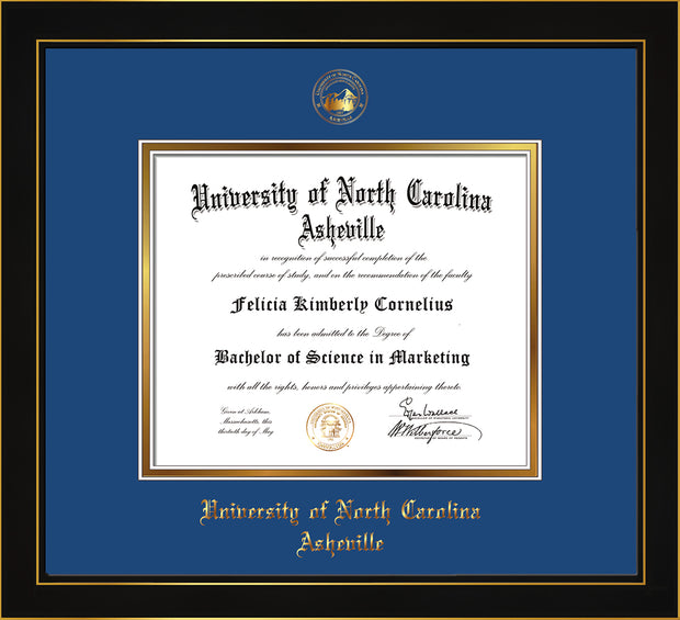 Image of University of North Carolina Asheville Diploma Frame - Honors Black Satin - w/Embossed UNCA Seal & Name - Royal Blue on Gold mat