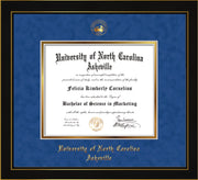 Image of University of North Carolina Asheville Diploma Frame - Honors Black Satin - w/Embossed UNCA Seal & Name - Royal Blue Suede on Gold mat