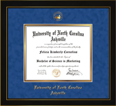 Image of University of North Carolina Asheville Diploma Frame - Honors Black Satin - w/Embossed UNCA Seal & Name - Royal Blue Suede on Gold mat