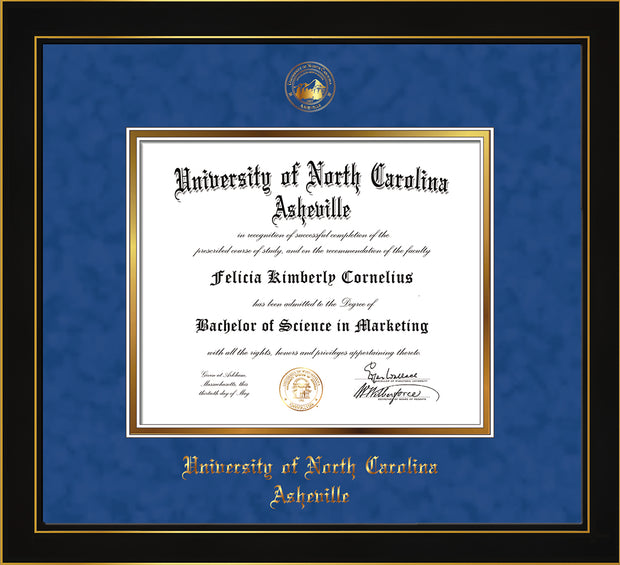 Image of University of North Carolina Asheville Diploma Frame - Honors Black Satin - w/Embossed UNCA Seal & Name - Royal Blue Suede on Gold mat
