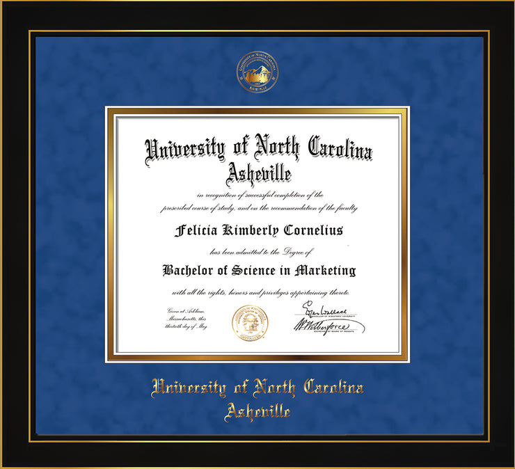 Image of University of North Carolina Asheville Diploma Frame - Honors Black Satin - w/Embossed UNCA Seal & Name - Royal Blue Suede on Gold mat