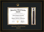 Image of University of North Carolina Asheville Diploma Frame - Honors Black Satin - w/Embossed UNCA Seal & Name - Tassel Holder - Black on Gold mat