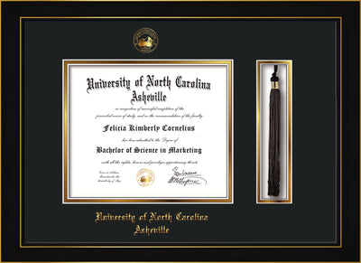 Image of University of North Carolina Asheville Diploma Frame - Honors Black Satin - w/Embossed UNCA Seal & Name - Tassel Holder - Black on Gold mat