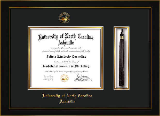 Image of University of North Carolina Asheville Diploma Frame - Honors Black Satin - w/Embossed UNCA Seal & Name - Tassel Holder - Black on Gold mat