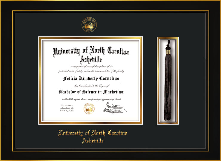 Image of University of North Carolina Asheville Diploma Frame - Honors Black Satin - w/Embossed UNCA Seal & Name - Tassel Holder - Black on Gold mat