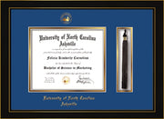 Image of University of North Carolina Asheville Diploma Frame - Honors Black Satin - w/Embossed UNCA Seal & Name - Tassel Holder - Royal Blue on Gold mat