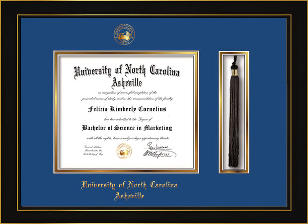 Image of University of North Carolina Asheville Diploma Frame - Honors Black Satin - w/Embossed UNCA Seal & Name - Tassel Holder - Royal Blue on Gold mat