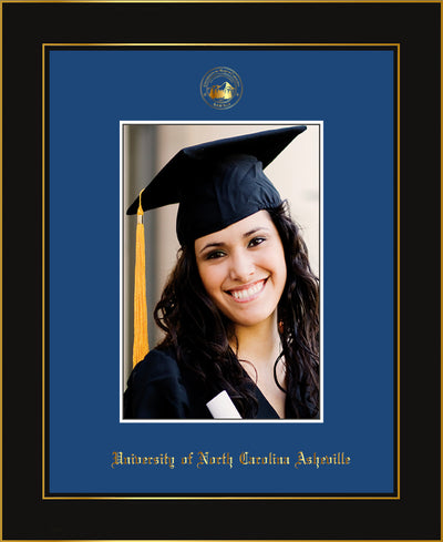 Image of University of North Carolina Asheville 5 x 7 Photo Frame - Honors Black Satin - w/Official Embossing of UNCA Seal & Name - Single Royal Blue mat