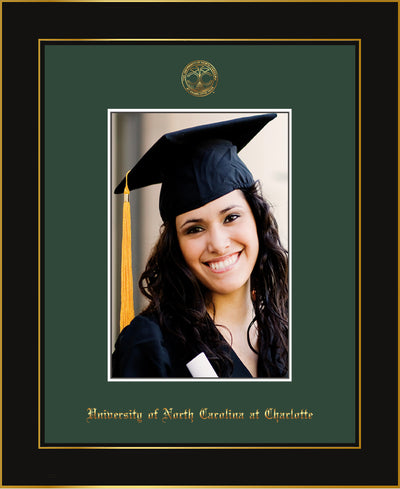 Image of University of North Carolina Charlotte 5 x 7 Photo Frame - Honors Black Satin - w/Official Embossing of UNCC Seal & Name - Single Green mat