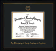 Image of University of North Carolina Charlotte Diploma Frame - Honors Black Satin - w/Official Embossing of UNCC Seal & Name - Black on Gold mats