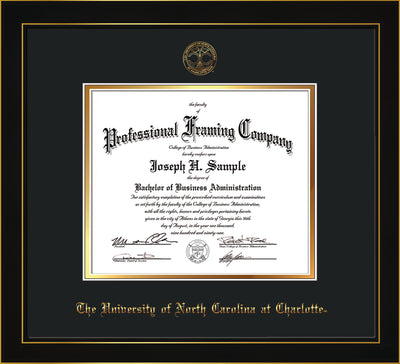 Image of University of North Carolina Charlotte Diploma Frame - Honors Black Satin - w/Official Embossing of UNCC Seal & Name - Black on Gold mats