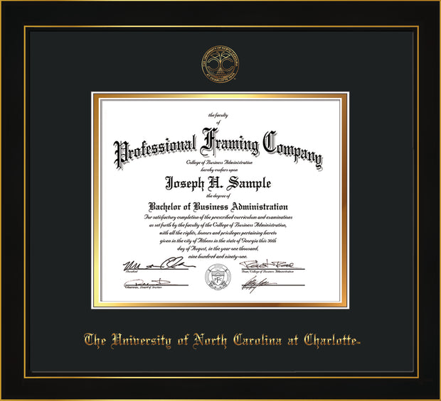 Image of University of North Carolina Charlotte Diploma Frame - Honors Black Satin - w/Official Embossing of UNCC Seal & Name - Black on Gold mats
