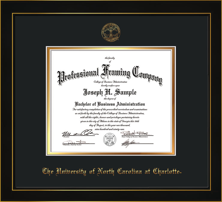 Image of University of North Carolina Charlotte Diploma Frame - Honors Black Satin - w/Official Embossing of UNCC Seal & Name - Black on Gold mats