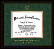 Image of University of North Carolina Charlotte Diploma Frame - Honors Black Satin - w/Official Embossing of UNCC Seal & Name - Green Suede on Gold mats