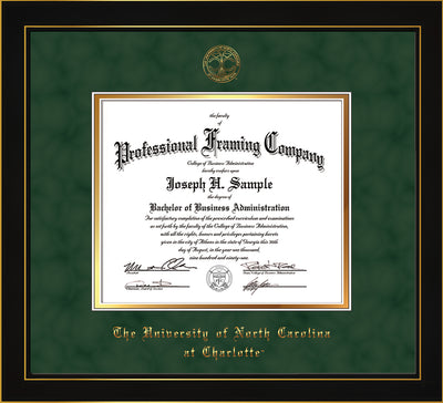 Image of University of North Carolina Charlotte Diploma Frame - Honors Black Satin - w/Official Embossing of UNCC Seal & Name - Green Suede on Gold mats