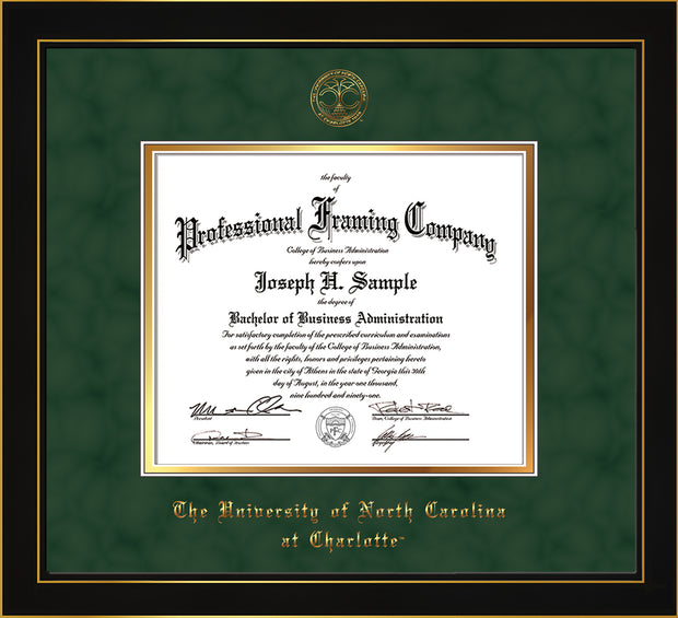 Image of University of North Carolina Charlotte Diploma Frame - Honors Black Satin - w/Official Embossing of UNCC Seal & Name - Green Suede on Gold mats