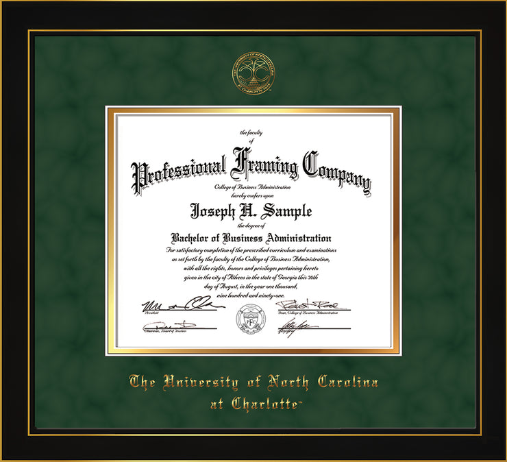 Image of University of North Carolina Charlotte Diploma Frame - Honors Black Satin - w/Official Embossing of UNCC Seal & Name - Green Suede on Gold mats