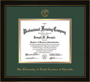 Image of University of North Carolina Charlotte Diploma Frame - Honors Black Satin - w/Official Embossing of UNCC Seal & Name - Green on Gold mats