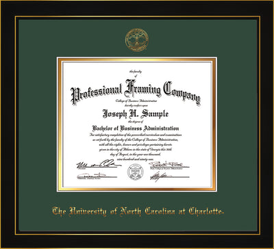 Image of University of North Carolina Charlotte Diploma Frame - Honors Black Satin - w/Official Embossing of UNCC Seal & Name - Green on Gold mats