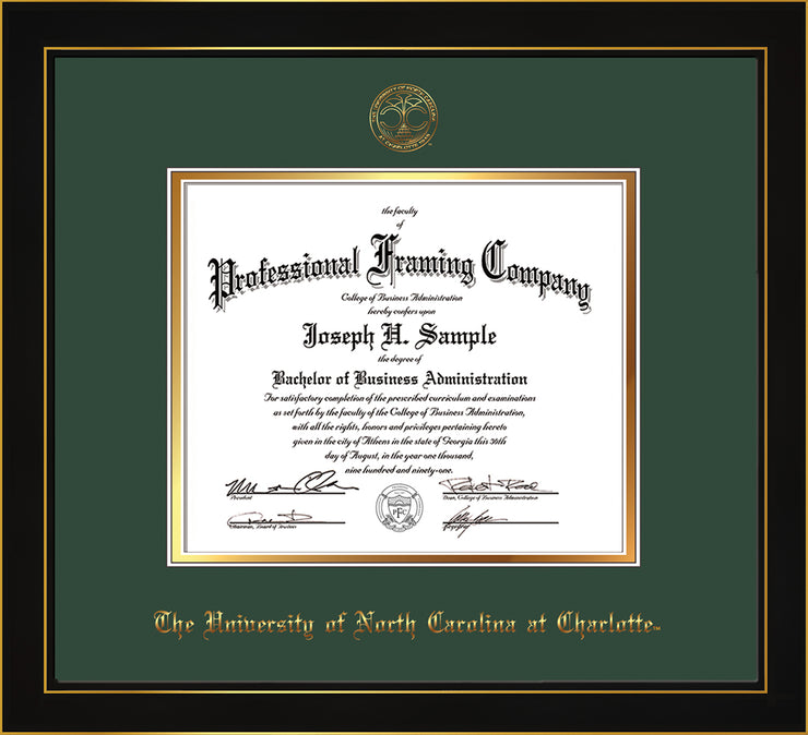 Image of University of North Carolina Charlotte Diploma Frame - Honors Black Satin - w/Official Embossing of UNCC Seal & Name - Green on Gold mats