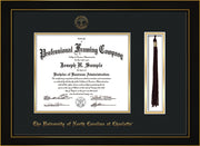 Image of University of North Carolina Charlotte Diploma Frame - Honors Black Satin - w/Official Embossing of UNCC Seal & Name - Tassel Holder - Black on Gold