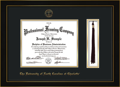 Image of University of North Carolina Charlotte Diploma Frame - Honors Black Satin - w/Official Embossing of UNCC Seal & Name - Tassel Holder - Black on Gold