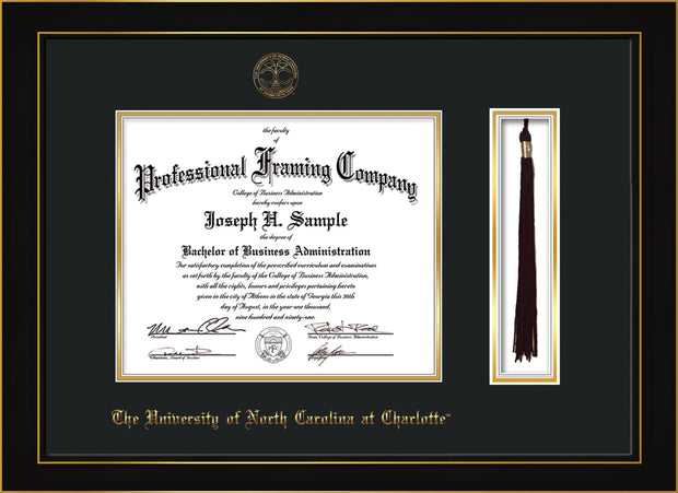 Image of University of North Carolina Charlotte Diploma Frame - Honors Black Satin - w/Official Embossing of UNCC Seal & Name - Tassel Holder - Black on Gold