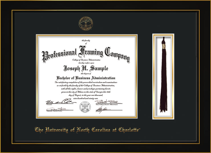 Image of University of North Carolina Charlotte Diploma Frame - Honors Black Satin - w/Official Embossing of UNCC Seal & Name - Tassel Holder - Black on Gold