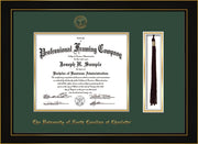 Image of University of North Carolina Charlotte Diploma Frame - Honors Black Satin - w/Official Embossing of UNCC Seal & Name - Tassel Holder - Green on Gold