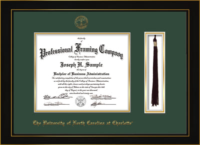 Image of University of North Carolina Charlotte Diploma Frame - Honors Black Satin - w/Official Embossing of UNCC Seal & Name - Tassel Holder - Green on Gold