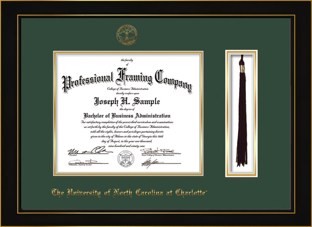 Image of University of North Carolina Charlotte Diploma Frame - Honors Black Satin - w/Official Embossing of UNCC Seal & Name - Tassel Holder - Green on Gold