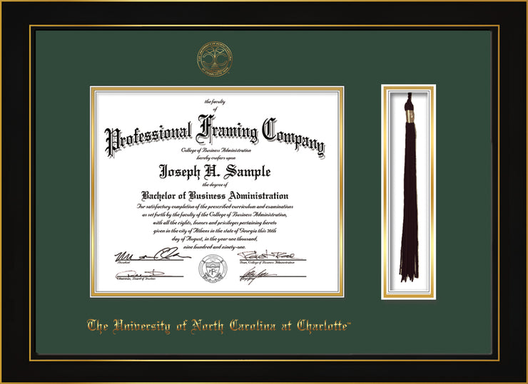Image of University of North Carolina Charlotte Diploma Frame - Honors Black Satin - w/Official Embossing of UNCC Seal & Name - Tassel Holder - Green on Gold