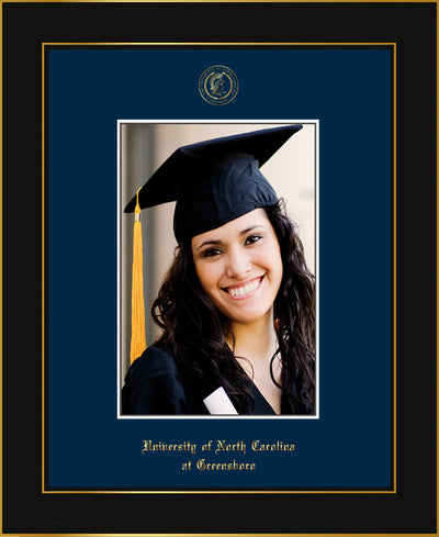Image of University of North Carolina Greensboro 5 x 7 Photo Frame - Honors Black Satin - w/Official Embossing of UNCG Seal & Name - Single Navy mat