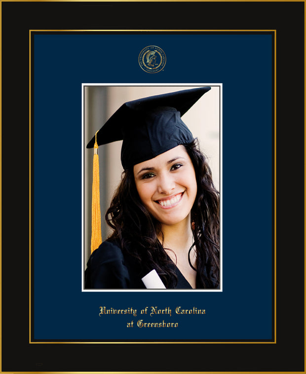 Image of University of North Carolina Greensboro 5 x 7 Photo Frame - Honors Black Satin - w/Official Embossing of UNCG Seal & Name - Single Navy mat