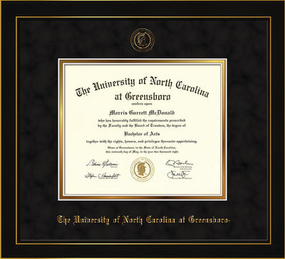 Image of University of North Carolina Greensboro Diploma Frame - Honors Black Satin - w/Embossed Seal & Name - Black Suede on Gold mat