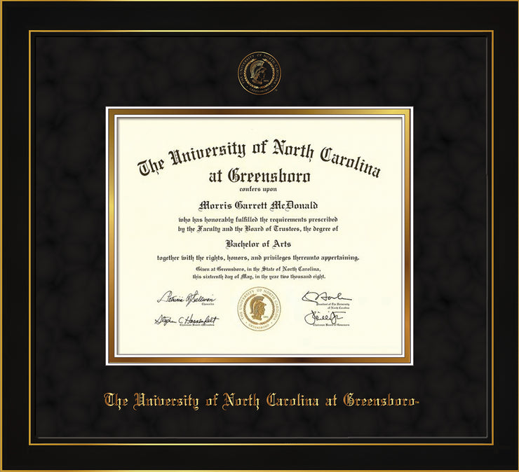 Image of University of North Carolina Greensboro Diploma Frame - Honors Black Satin - w/Embossed Seal & Name - Black Suede on Gold mat