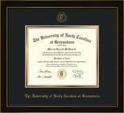 Image of University of North Carolina Greensboro Diploma Frame - Honors Black Satin - w/Embossed Seal & Name - Black on Gold mat