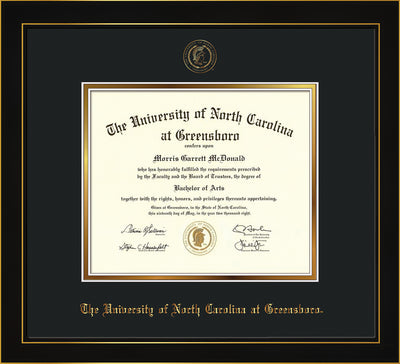 Image of University of North Carolina Greensboro Diploma Frame - Honors Black Satin - w/Embossed Seal & Name - Black on Gold mat
