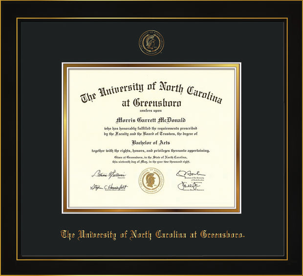 Image of University of North Carolina Greensboro Diploma Frame - Honors Black Satin - w/Embossed Seal & Name - Black on Gold mat