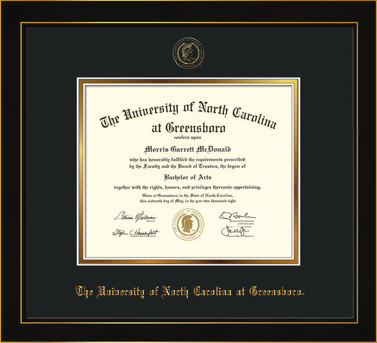 Image of University of North Carolina Greensboro Diploma Frame - Honors Black Satin - w/Embossed Seal & Name - Black on Gold mat