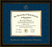 Image of University of North Carolina Greensboro Diploma Frame - Honors Black Satin - w/Embossed Seal & Name - Navy Suede on Gold mat