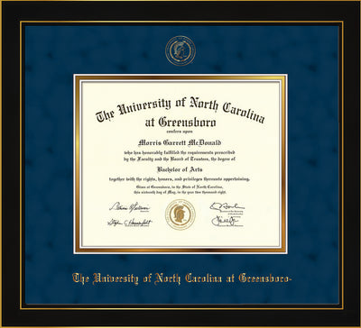 Image of University of North Carolina Greensboro Diploma Frame - Honors Black Satin - w/Embossed Seal & Name - Navy Suede on Gold mat