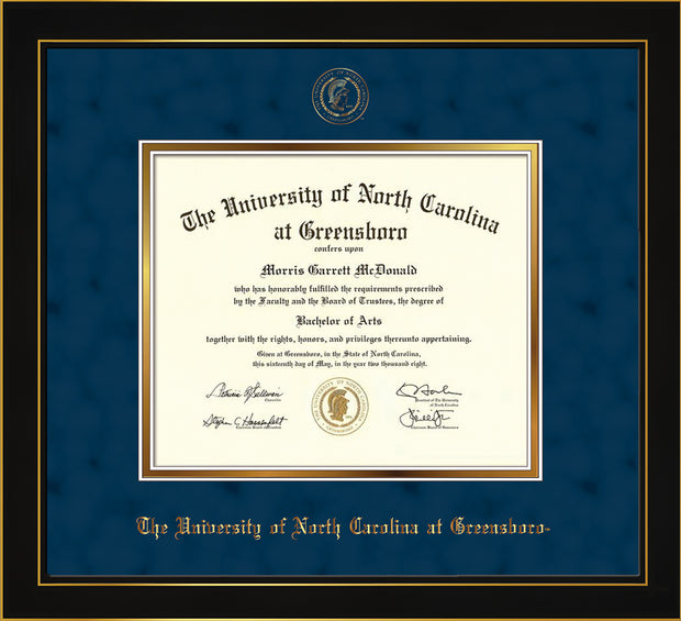 Image of University of North Carolina Greensboro Diploma Frame - Honors Black Satin - w/Embossed Seal & Name - Navy Suede on Gold mat