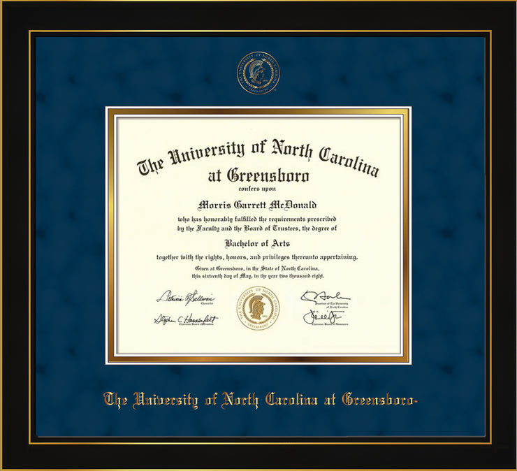 Image of University of North Carolina Greensboro Diploma Frame - Honors Black Satin - w/Embossed Seal & Name - Navy Suede on Gold mat