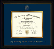 Image of University of North Carolina Greensboro Diploma Frame - Honors Black Satin - w/Embossed Seal & Name - Navy on Gold mat